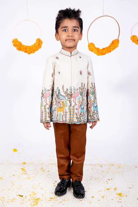 Toplove White Cotton Embroidered Bird Animal And Bandhgala Set 