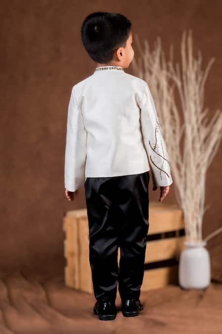 Shop_Toplove_Black Denim, Cotton Cut Work, Pearls Bandhgala And Pant Set _at_Aza_Fashions