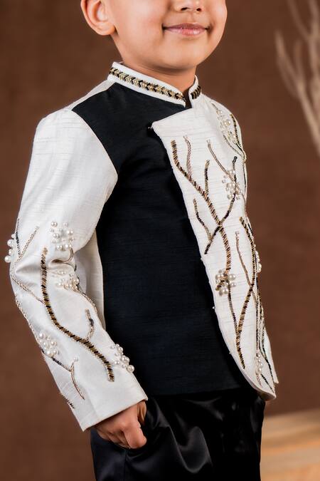 Toplove_Black Denim, Cotton Cut Work, Pearls Bandhgala And Pant Set _Online_at_Aza_Fashions