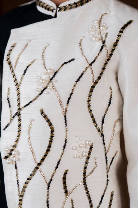 Buy_Toplove_Black Denim, Cotton Cut Work, Pearls Bandhgala And Pant Set _Online_at_Aza_Fashions