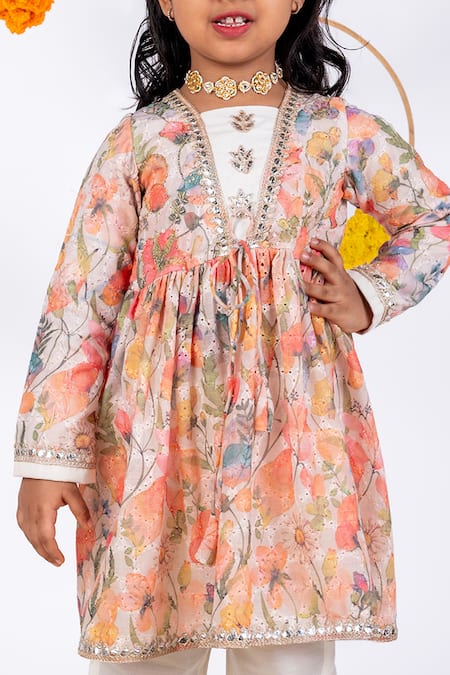 Shop_Toplove_Multi Color , Satin Sequins, Floral Print Kurta And Pant Set _at_Aza_Fashions