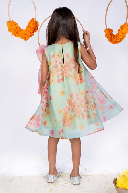 Shop_Toplove_Green Organza, Cotton Bows Floral Print Dress _at_Aza_Fashions
