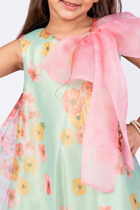 Toplove_Green Organza, Cotton Bows Floral Print Dress _Online_at_Aza_Fashions