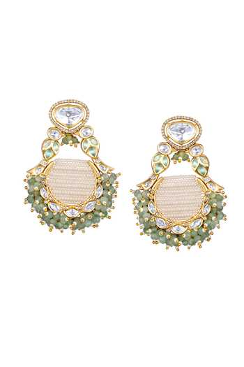 Shop HRISHA Gold Plated Metallic Thread, Crystals, Noor Polki Embellished Chandbali Earrings at Aza Fashions Shop_HRISHA_Gold Plated Metallic Thread, Crystals, Noor Polki Embellished Chandbali Earrings _at_Aza_Fashions