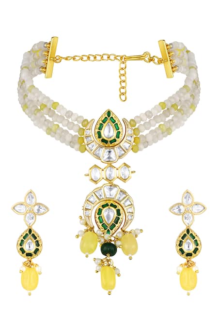 Shop HRISHA Gold Plated Pearls, Metallic Thread Trellis Bloom Embellished Necklace Set at Aza Fashions Shop_HRISHA_Gold Plated Pearls, Metallic Thread Trellis Bloom Embellished Necklace Set _at_Aza_Fashions