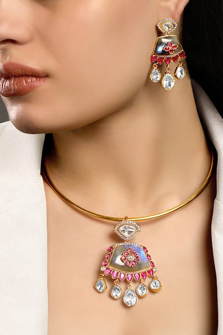 Hrisha Jewels Gold Plated Moissanite Kundan Polki Glory Bloom Embellished Hasli Necklace Set 