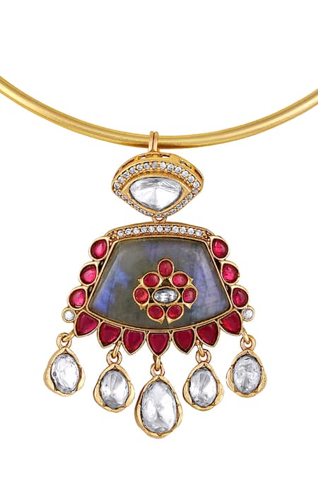 Buy_Hrisha_Gold Plated Smocking, Diamonds, Glory Bloom Embellished Hasli Necklace Set _Online_at_Aza_Fashions