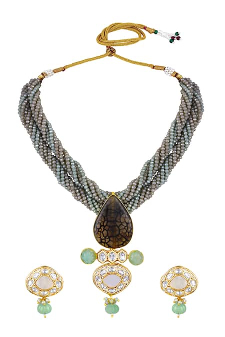 Shop HRISHA Gold Plated Crystals, Pearls Glorious Embellished Pendant Necklace Set at Aza Fashions Shop_HRISHA_Gold Plated Crystals, Pearls Glorious Embellished Pendant Necklace Set _at_Aza_Fashions