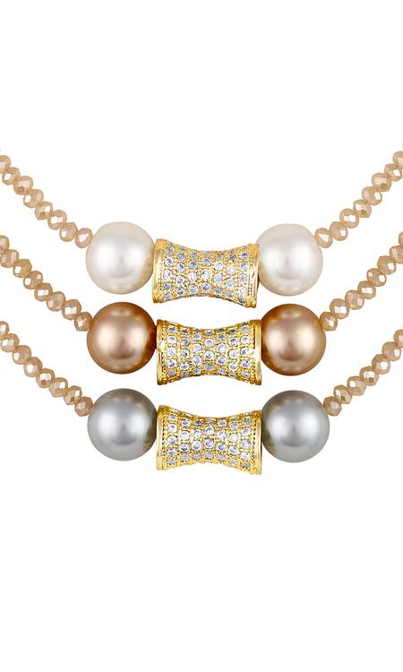 HRISHA Gold Plated Shell Pearl Embellished Three Layered Necklace Online at Aza Fashions HRISHA_Gold Plated Shell Pearl Embellished Three Layered Necklace _Online_at_Aza_Fashions