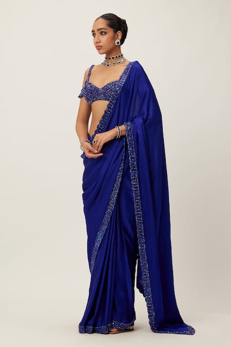 Shop Vvani By Vani Vats Blue Georgette, Satin Crystals, Sequins, Cut Work Embellished Saree With Blouse Online at Aza Fashions Shop_Vvani By Vani Vats_Blue Georgette, Satin Crystals, Sequins, Cut Work Embellished Saree With Blouse _Online_at_Aza_Fashions