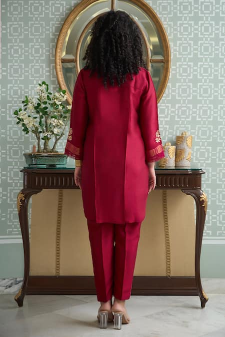 OMI Silk Floral Embroidered Asymmetric Kurta With Pant 