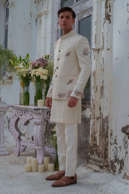 Amrit Dawani_Ivory Silk, Chanderi, Cotton Embroidered Floral Deer Bandhgala Trouser Set _Online_at_Aza_Fashions