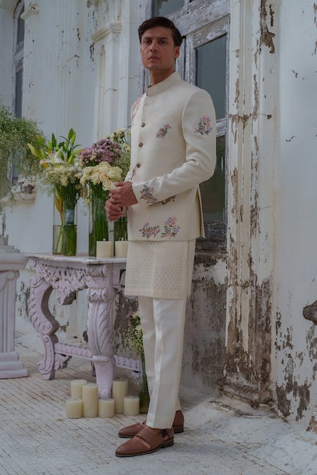 Buy_Amrit Dawani_Ivory Silk, Chanderi, Cotton Embroidered Floral Deer Bandhgala Trouser Set _Online_at_Aza_Fashions