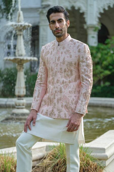 Buy_Amrit Dawani_Rose Gold Cotton, Silk Pearls, Zardozi Embroidered Floral Bandhgala Trouser Set _Online_at_Aza_Fashions