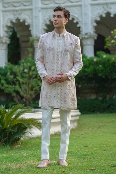 Buy_Amrit Dawani_Pink Organza, Chanderi, Geometric Mirrorwork Embroidered Jacket Kurta Set _Online_at_Aza_Fashions