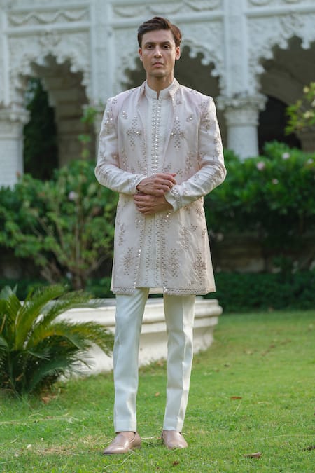 Shop_Amrit Dawani_Pink Organza, Chanderi, Geometric Mirrorwork Embroidered Jacket Kurta Set _Online_at_Aza_Fashions