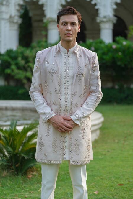 Amrit Dawani_Pink Organza, Chanderi, Geometric Mirrorwork Embroidered Jacket Kurta Set _at_Aza_Fashions
