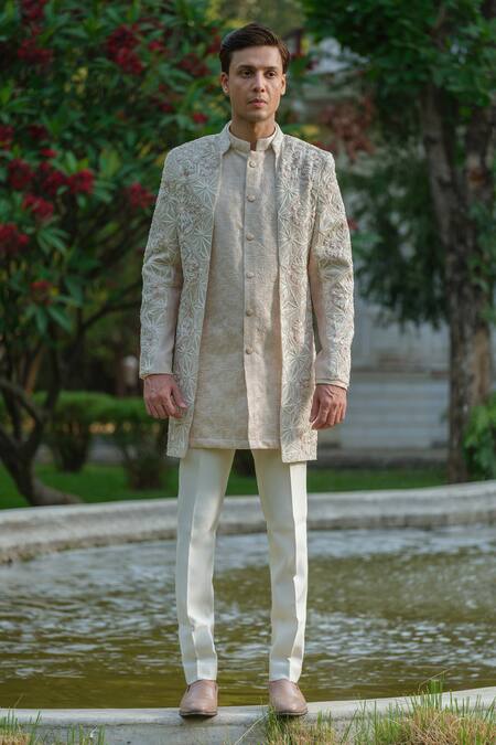 Buy_Amrit Dawani_Ivory Organza, Chanderi, Cotton, Silk Geometric Thread Jacket Kurta Set _Online_at_Aza_Fashions