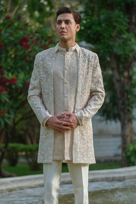 Shop_Amrit Dawani_Ivory Organza, Chanderi, Cotton, Silk Geometric Thread Jacket Kurta Set _Online_at_Aza_Fashions