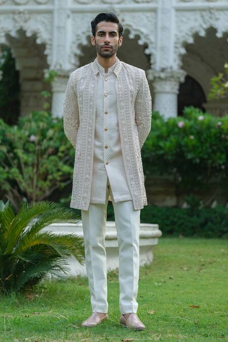 Buy_Amrit Dawani_Ivory Organza, Chanderi, Cotton, Silk Thread Embroidered Floral Jacket Kurta Set _Online_at_Aza_Fashions