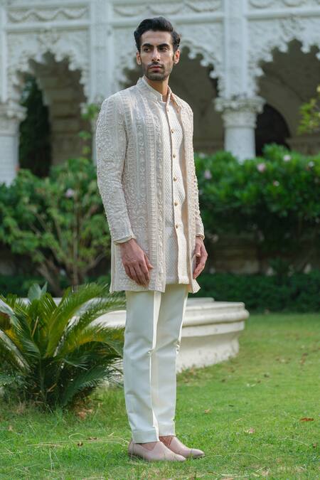 Shop_Amrit Dawani_Ivory Organza, Chanderi, Cotton, Silk Thread Embroidered Floral Jacket Kurta Set _Online_at_Aza_Fashions