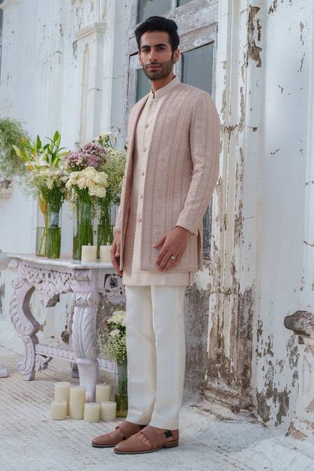 Shop_Amrit Dawani_Rose Gold Silk, Chanderi, Cotton Floral Butti Thread Jacket Kurta Set _Online_at_Aza_Fashions