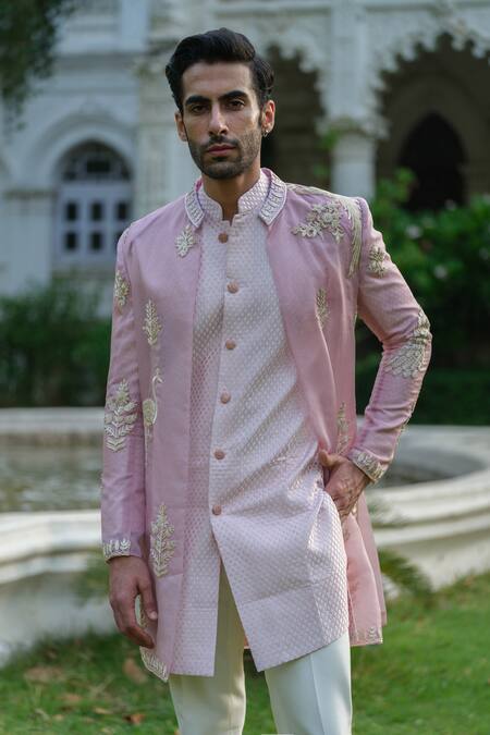 Shop_Amrit Dawani_Pink Organza, Chanderi, Cotton Embroidery Floral Vine Thread Jacket Kurta Set _Online_at_Aza_Fashions