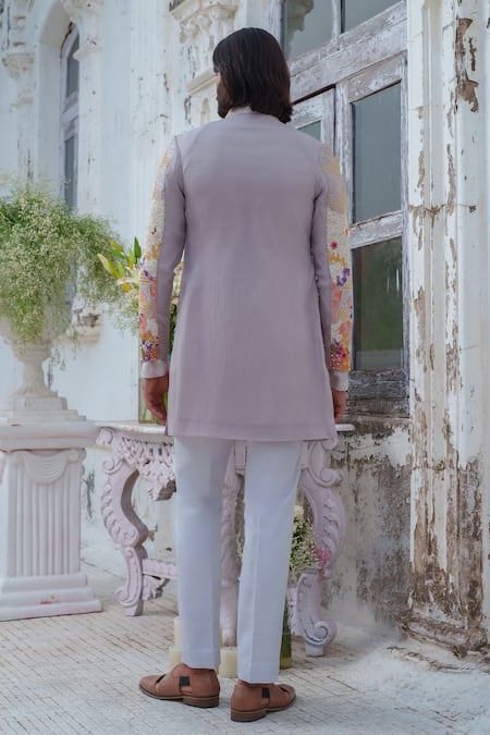 Amrit Dawani_Grey Organza, Chanderi, Cotton Satin Floral Patchwork Jacket Kurta Set _Online_at_Aza_Fashions