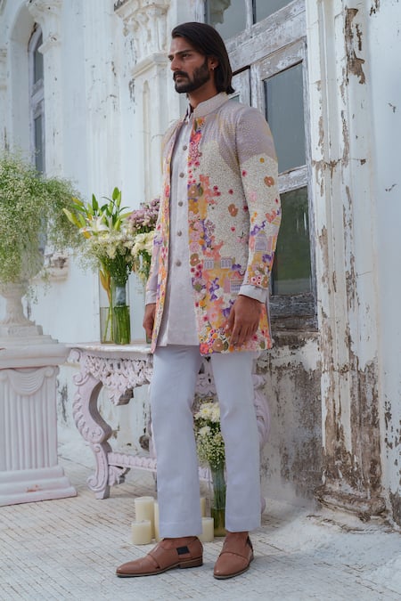 Buy_Amrit Dawani_Grey Organza, Chanderi, Cotton Satin Floral Patchwork Jacket Kurta Set _Online_at_Aza_Fashions