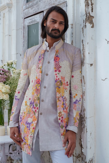 Shop_Amrit Dawani_Grey Organza, Chanderi, Cotton Satin Floral Patchwork Jacket Kurta Set _Online_at_Aza_Fashions