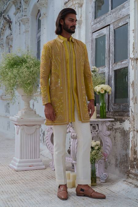 Shop_Amrit Dawani_Green Organza, Cotton, Floral Geometric Cutdana Embellished Jacket Kurta Set _Online_at_Aza_Fashions