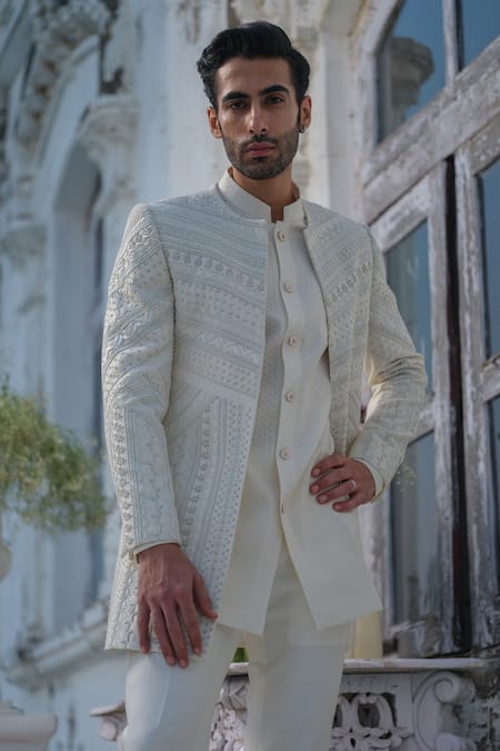 Buy_Amrit Dawani_Ivory Silk, Cutdana Embellished Geometric Pattern Open Jacket Short Kurta Set _Online_at_Aza_Fashions