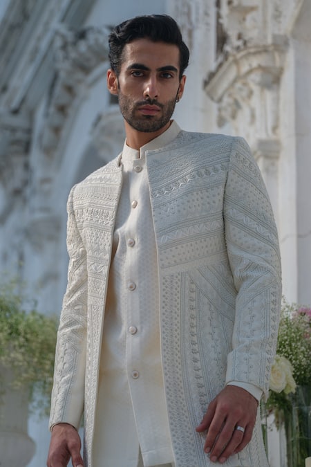 Shop_Amrit Dawani_Ivory Silk, Cutdana Embellished Geometric Pattern Open Jacket Short Kurta Set _Online_at_Aza_Fashions