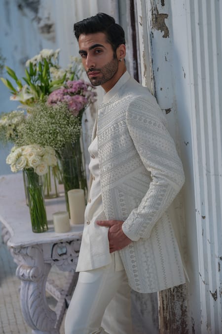 Amrit Dawani_Ivory Silk, Cutdana Embellished Geometric Pattern Open Jacket Short Kurta Set _at_Aza_Fashions