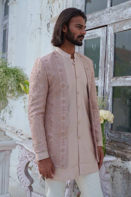 Amrit Dawani_Rose Gold Silk, Chanderi, Thread Embroidered Geometric Open Jacket Kurta Set _at_Aza_Fashions
