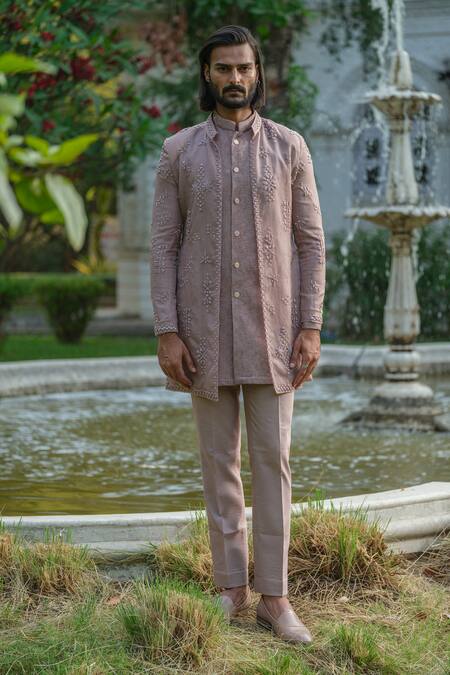 Buy_Amrit Dawani_Purple Organza, Chanderi, Cotton Geometric Cutdana Embellished Jacket Kurta Set _Online_at_Aza_Fashions