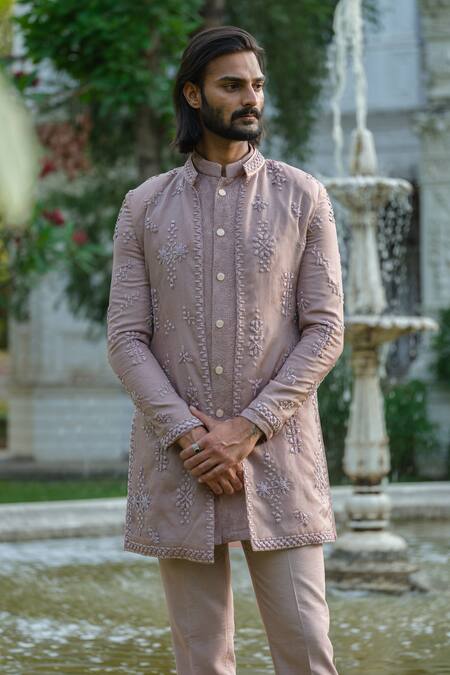 Amrit Dawani_Purple Organza, Chanderi, Cotton Geometric Cutdana Embellished Jacket Kurta Set _at_Aza_Fashions