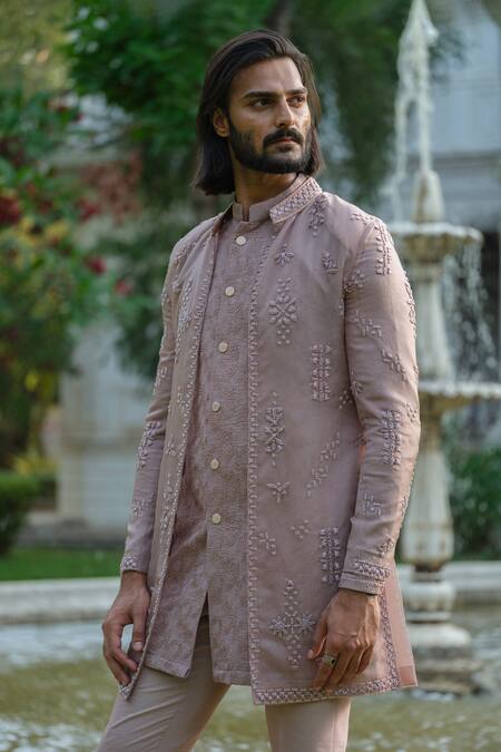 Buy_Amrit Dawani_Purple Organza, Chanderi, Cotton Geometric Cutdana Embellished Jacket Kurta Set 