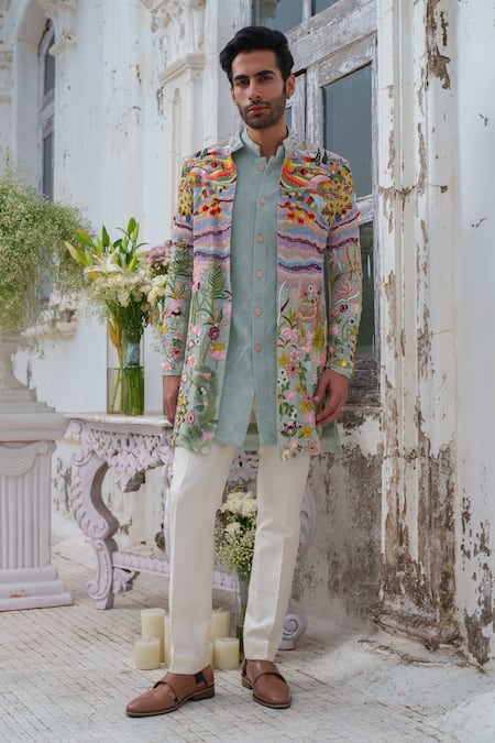 Amrit Dawani Thread Embroidered Scenic Pattern Jacket Kurta Set 