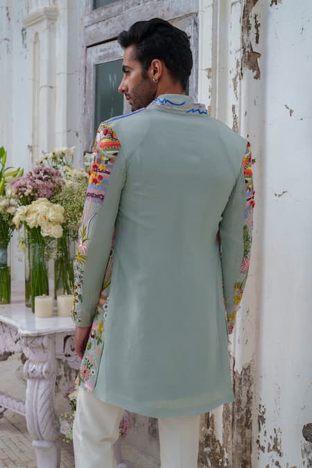 Shop_Amrit Dawani_Multi Color Organza, Chanderi, Cotton Thread Scenic Pattern Jacket Kurta Set_at_Aza_Fashions