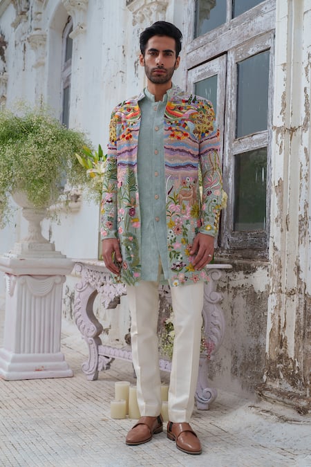 Amrit Dawani_Multi Color Organza, Chanderi, Cotton Thread Scenic Pattern Jacket Kurta Set_Online_at_Aza_Fashions
