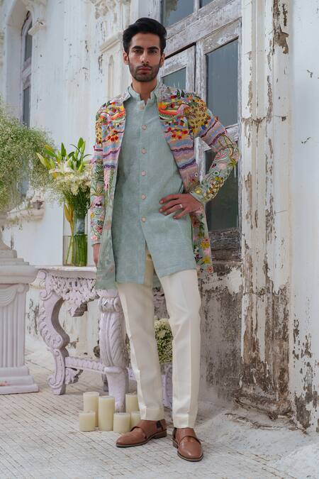Amrit Dawani_Multi Color Organza, Chanderi, Cotton Thread Scenic Pattern Jacket Kurta Set_at_Aza_Fashions