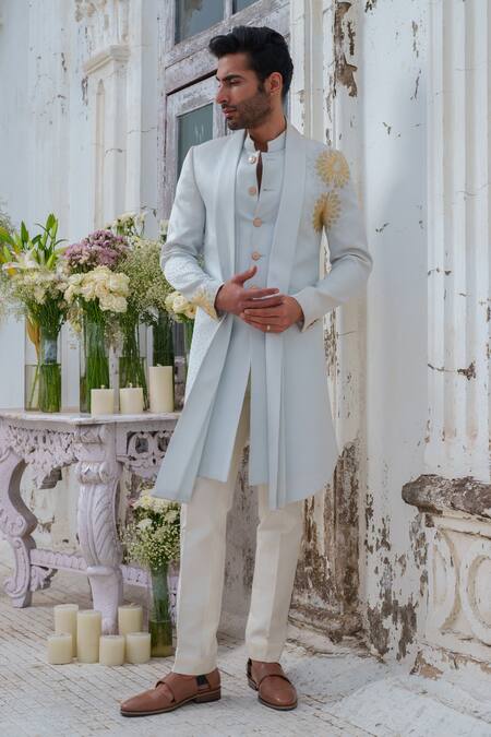 Buy_Amrit Dawani_Blue Cotton, Silk, Cutdana Embellished Open Cape Attached Kurta With Trouser _Online_at_Aza_Fashions