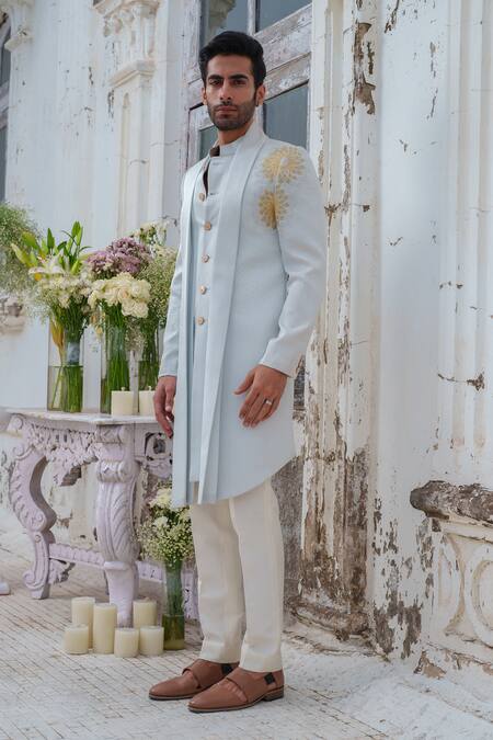 Shop_Amrit Dawani_Blue Cotton, Silk, Cutdana Embellished Open Cape Attached Kurta With Trouser _Online_at_Aza_Fashions