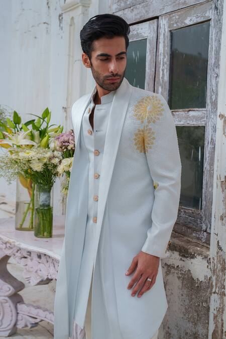 Amrit Dawani_Blue Cotton, Silk, Cutdana Embellished Open Cape Attached Kurta With Trouser _at_Aza_Fashions