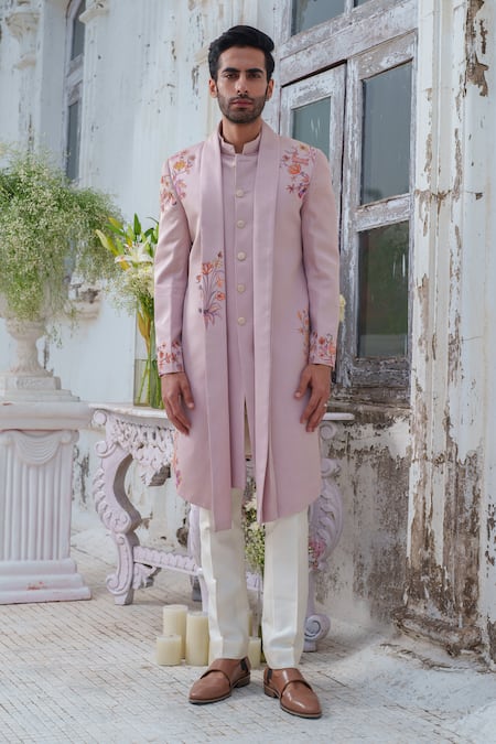 Amrit Dawani_Pink Modal, Silk, Cotton Hand Painted Open Cape Attached Kurta With Trouser _Online_at_Aza_Fashions