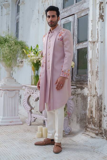 Buy_Amrit Dawani_Pink Modal, Silk, Cotton Hand Painted Open Cape Attached Kurta With Trouser _Online_at_Aza_Fashions