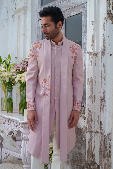 Shop_Amrit Dawani_Pink Modal, Silk, Cotton Hand Painted Open Cape Attached Kurta With Trouser _Online_at_Aza_Fashions