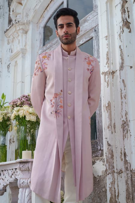 Amrit Dawani_Pink Modal, Silk, Cotton Hand Painted Open Cape Attached Kurta With Trouser _at_Aza_Fashions