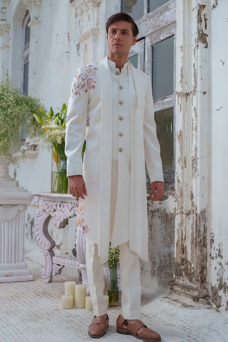 Amrit Dawani Floral Hand Painted Open Cape Attached Kurta With Trouser 